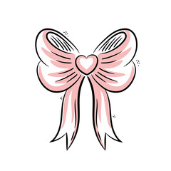 Tie bow pink color doodle sketch. Hand drawn sketch bow and ribbon in black and pink on white background. Decoration design element for holiday card, birthday, Valentine's day.