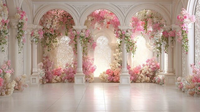 3D digital backdrop photo, floor-to-ceiling wall with floral arches and flowers, white walls with pink floral patterns, light beige floor tiles, soft lighting, romantic, pastel.