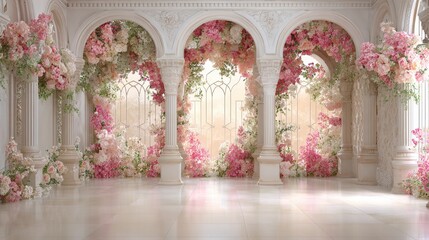 Naklejka premium 3D digital backdrop photo, floor-to-ceiling wall with floral arches and flowers, white walls with pink floral patterns, light beige floor tiles, soft lighting, romantic, pastel.