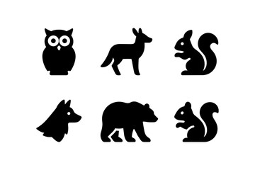 Silhouette animals: owl, bear, deer, squirrel, dog icons