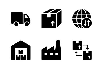Silhouette icons of shipping and logistics: delivery, warehouse, global trade