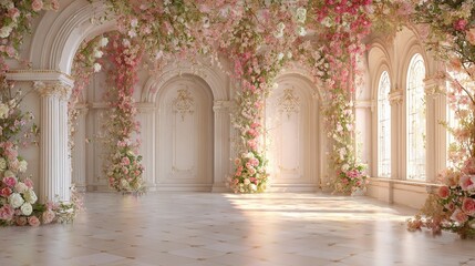 Fototapeta premium 3D digital backdrop photo, floor-to-ceiling wall with floral arches and flowers, white walls with pink floral patterns, light beige floor tiles, soft lighting, romantic, pastel.