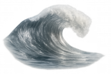 Crashing ocean wave curling with white foamy spray, transparent isolated backdrop for creative digital design compositions