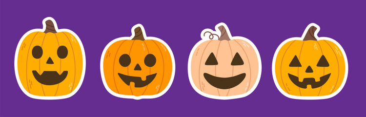 Row of halloween pumpkin stickers with carved faces on dark purple background
