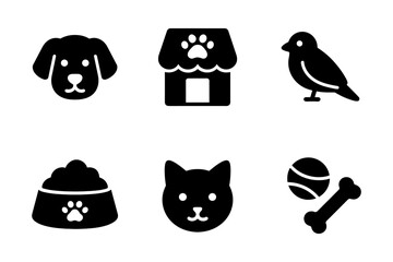 Pet care icons: silhouette dog, cat, bird, pet shop, food, toys