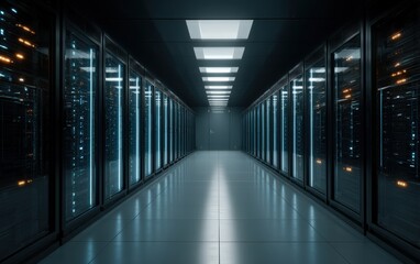 Futuristic server room with glowing quantum cores in low-key dramatic lighting, ideal for showcasing advanced cybersecurity and high-tech data systems in digital innovation photography.
