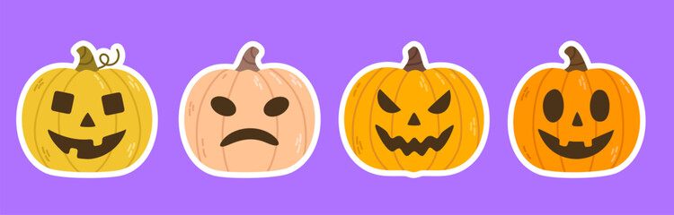 Row of halloween pumpkin stickers with carved faces on purple background