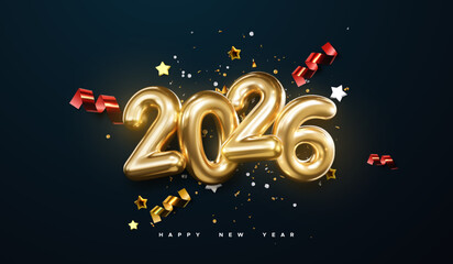 Realistic 2026 golden numbers with festive confetti, stars and spiral ribbons on black background. Vector holiday illustration. Happy New 2026 Year. New year ornament. Decoration element with tinsel