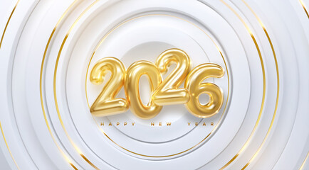 Happy New 2026 Year. Vector holiday illustration of golden numbers 2026. White and gold radial shapes background. 3d new year sign. Festive poster or banner design. Party invitation