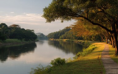 Fototapeta premium Tranquil river bend with tree-lined footpath and golden sunlight, ideal for travel promotions, weekend getaway brochures, outdoor adventure blogs, and scenic nature photography