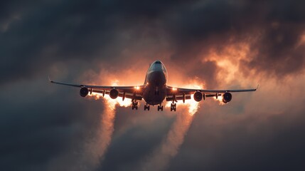 A jet is flying through the sky with its engines on fire.