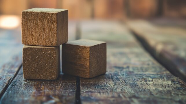 Wooden cubes stacked on rustic table minimal design composition background