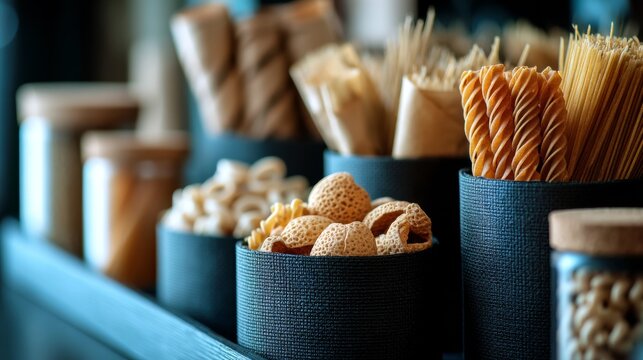 Assorted breadsticks and cookies in jars bakery concept rustic snack storage
