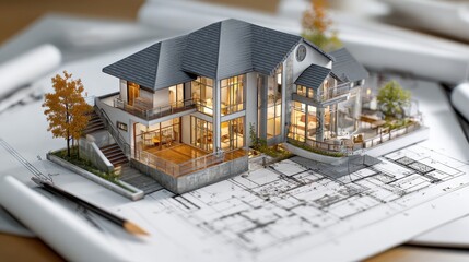 Cad 3d rendering of a house plan on the computer, mockup of house design in 3d, cad drafting in revit or autocad, AI.