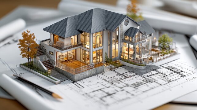 Cad 3d rendering of a house plan on the computer, mockup of house design in 3d, cad drafting in revit or autocad, AI. - Powered by Adobe