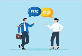 Flat illustration of businessman and businesswoman provide feedback to each other for improvement in workplace