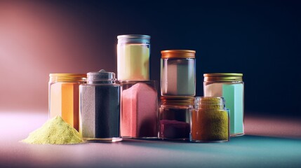 Assorted colorful cosmetic jars bottles arranged studio photography skincare health and beauty concept