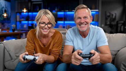 Mature partners laughing while playing console video games. Video. - Powered by Adobe