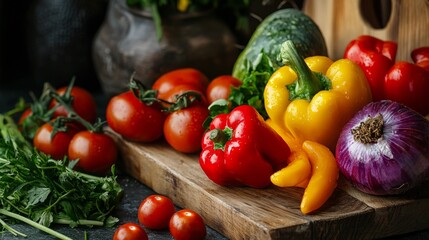 Fresh vegetables including tomatoes onions peppers herbs displayed rustic kitchen table healthy cooking concept