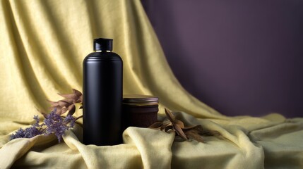 Black matte cosmetic bottle fabric background skincare wellness luxury health beauty product concept