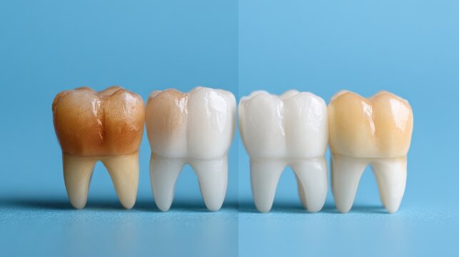 Comparison of stained and healthy teeth on blue background.