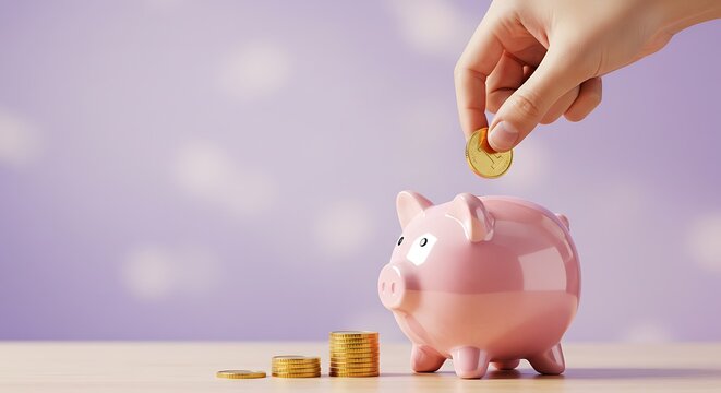 Financial Fortitude: A delicate hand places a shiny coin into a pink piggy bank, symbolizing financial security, prudent savings, and the promise of a prosperous future.