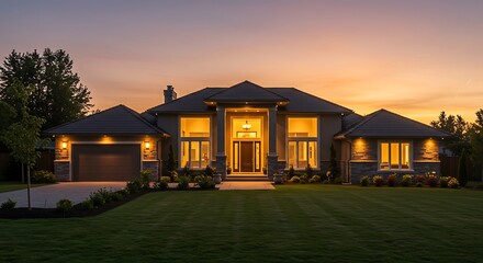 Evening Dream Home: A breathtaking luxurious home exudes elegance and tranquility under the warm glow of the evening sky, its inviting lights promising comfort. 