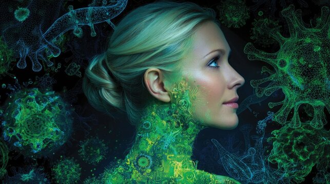 A woman stands in profile, her body surrounded by vibrant green patterns representing the intersection of biotechnology and biohacking. The image conveys a futuristic look at personal health