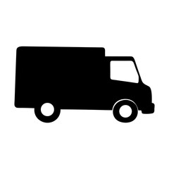 Silhouette of a box truck with prominent wheels and empty windshield view