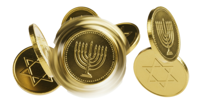 Hanukkah gelt coins gold jewish holiday celebration background for festive season and tradition 3d render