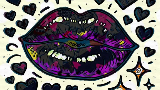Stylized Lips Illustration and Decorative Patterns on Textured Background
