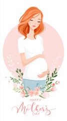 Happy mother s day card with pregnant woman and floral wreath