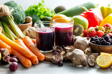 Healthy food background. Fresh fruit and vegetable juices. Detox diet concept