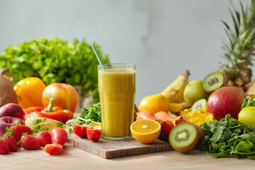 Healthy food background. Fresh fruit and vegetable juices. Detox diet concept