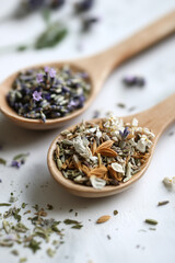 Herbal tea in wooden spoons with lavender flowers