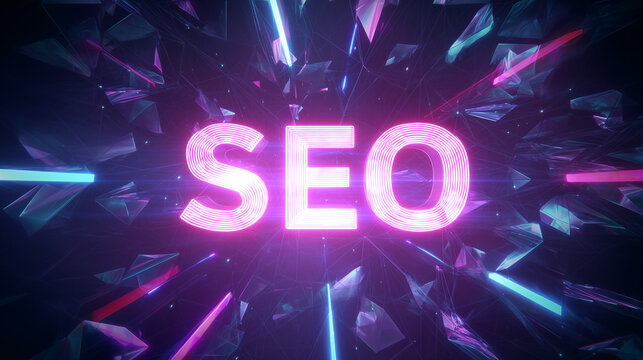 SEO text in retro neon style on geometric background.