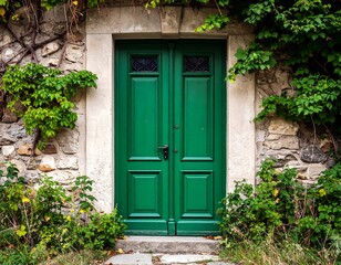 Green door on a stone wall with ivy