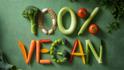 Top View of Fresh Organic Vegetables with 100% Vegan Text Made of Beans and Seeds on Green Background
