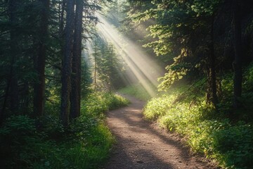 Obraz premium Path in dense forest with sunlight beams