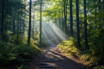 Obraz premium Sunbeams through tall forest trees