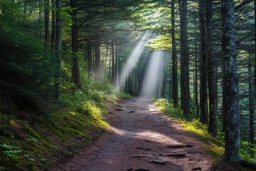 Obraz premium Woodland hiking path with light rays