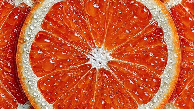 Vibrant Red Orange Slice with Refreshing Water Drops, Close-up Citrus Texture