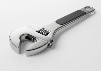 Obraz premium Chrome Adjustable Wrench with Black Grip on White Background