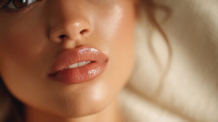 グロッシーなヌードリップと立体感のある肌が際立つミックス系女性のクローズアップ。美容やコスメ広告に適した素材。