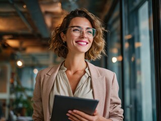 good looking, positive self confident and successful professional executive businesswoman is working in office with his tablet.
