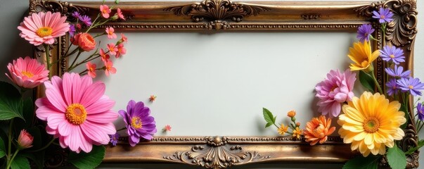 Delicate wildflowers arranged in antique frame, elegant, image, vintage