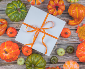 Top view festive fall gift box among colorful pumpkins