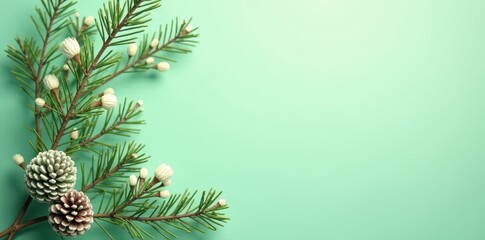 Soft pastel green backdrop, delicate pine cones & branches , summer, needle