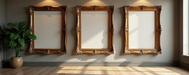 Empty ornate wooden frames on modern wall, luxury room, texture, home decor
