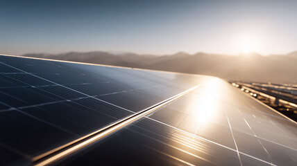A field of solar panels catching early sun over mountains, symbolizing renewable power generation and the transition to a low carbon economy.
